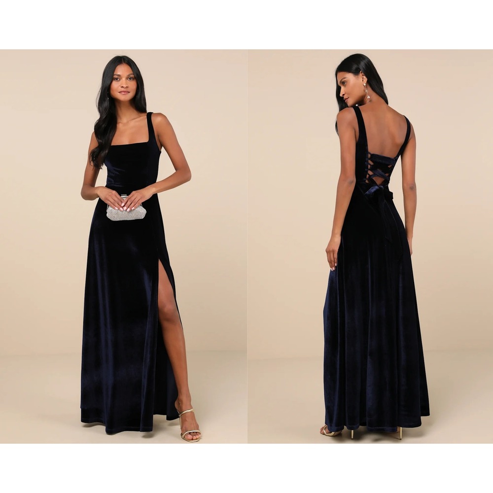 Lulus Graceful Invite Navy Blue Velvet Square Neck Lace-Up Maxi Dress Medium